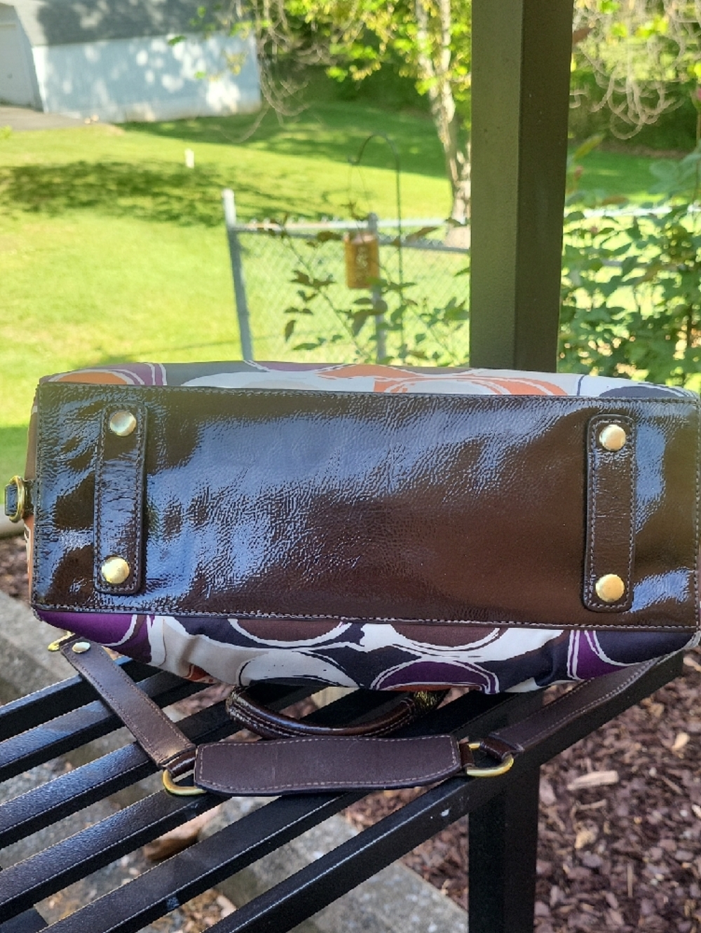 Coach Adhley Print Satchel with Brown Patent Trim - Picture 4 of 16